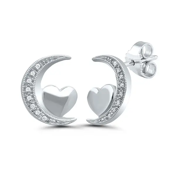 Sterling Silver Crescent Heart & Star Diamond Earrings 1