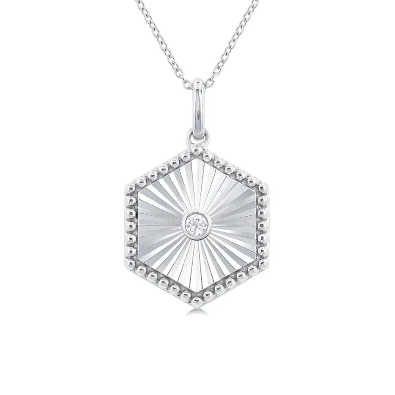 Sterling Silver Hexagon Medallion Diamond Pendant With Chain – 1/20 Carat Total Weight 1
