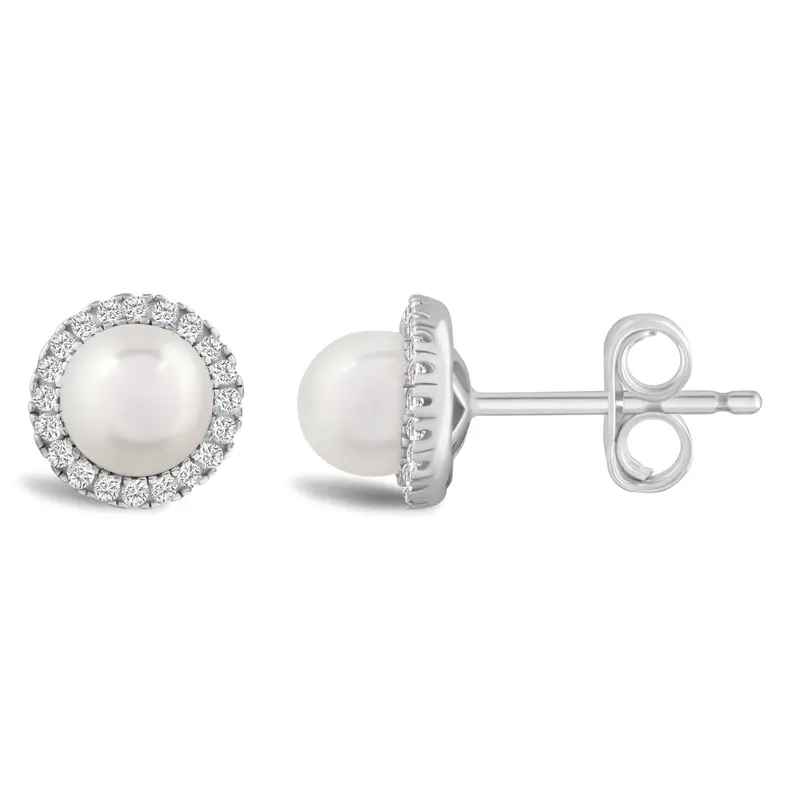 Sterling Silver June Birthstone Earrings With Round Pearl And Diamond Halo 1