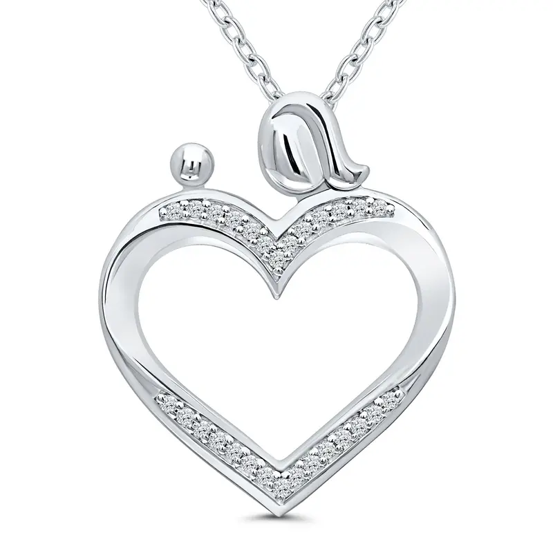 Sterling Silver Mother And Child Heart Pendant – 0.10 Ct Diamond Accent 1