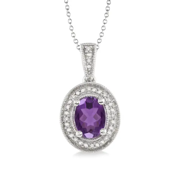 Sterling Silver Oval Amethyst Halo Pendant With Diamonds 1