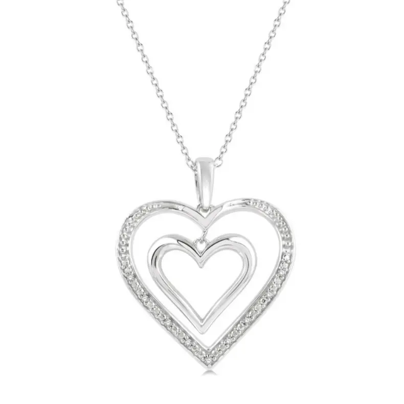 Sterling Silver Twin Heart Pendant With Round Diamonds And Chain (1/50 Carat Tw) 1
