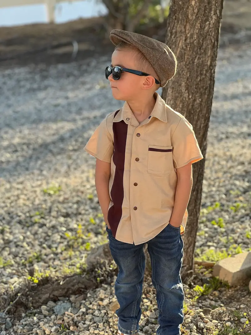 Tan Retro Bowler Shirt For Boys – 1950S-Inspired Cotton Top 1