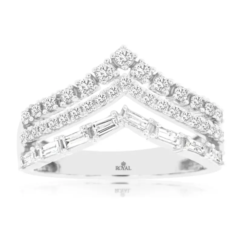 Tapered Three-Row Ring Featuring Baguette & Round Diamonds 1