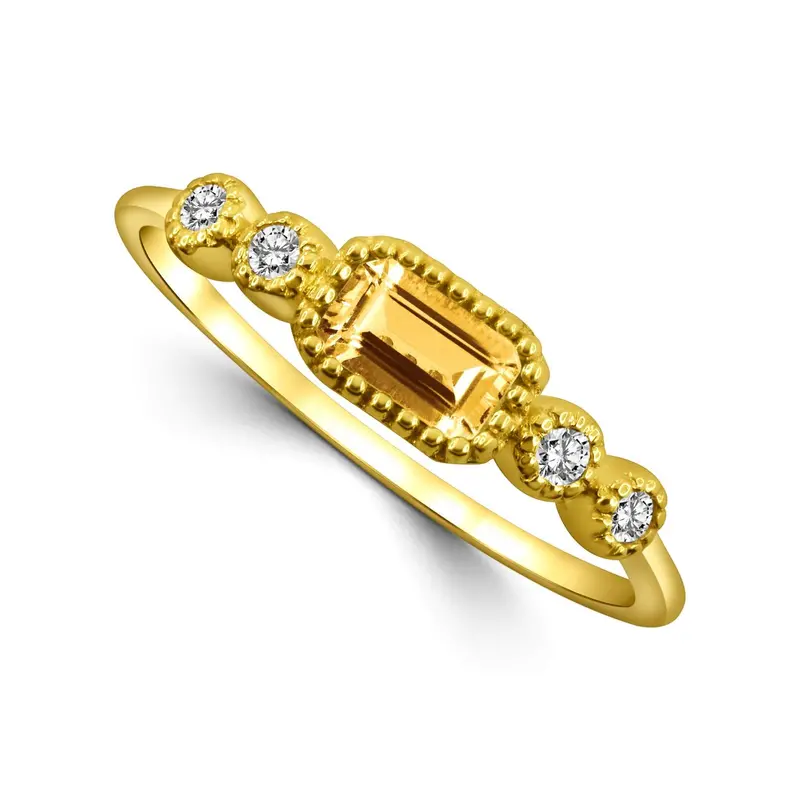 Yellow Gold Fashion Ring — Bezel-Set Emerald-Cut Citrine Framed By Diamonds 1