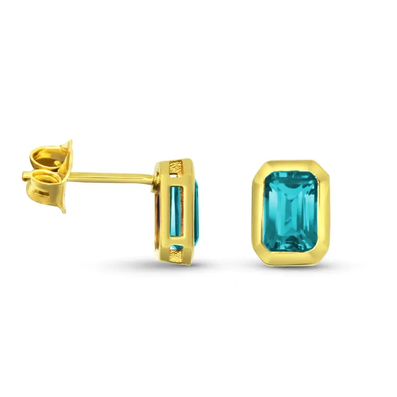 Yellow Gold Stud Earrings — Bezel-Set Emerald-Cut Blue Topaz With Diamond Details 1